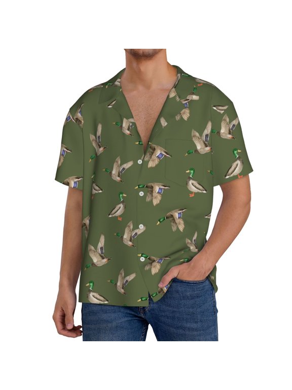 Birds Wild Ducks Print Men's Button Down Shirts Short Sleeve, Summer Beach Shirts,Vacation Wedding Shirts,Men's Casual Button-Down Shirts with Pocket-XX-Large