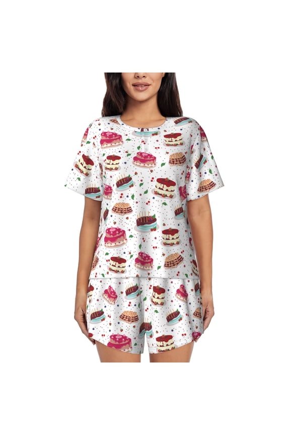 Birthday Cake Print Womens Pajamas Set,Short-Sleeve Pajama 2 Piece Sleepwear with Pockets-Large