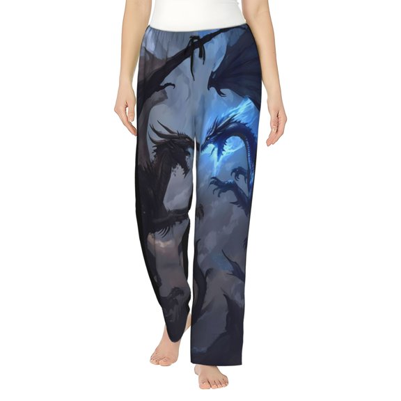 Logiee Black And Blue Lightning Dragon Print Women Pajama Pants,Comfy Pj Bottom with Pockets & Drawstring,Stretch Casual Sleepwear-Medium