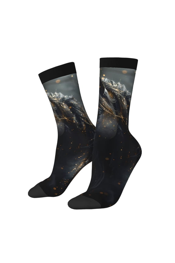 Black And Gold White Horse Print Adult Socks for Men & Women,Calf Socks, Ankle Socks,Boots Socks,Breathable Casual Sock,Unisex Crew Socks