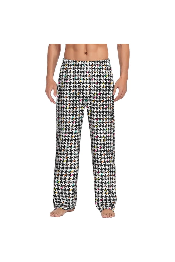 Black And White Houndstooth Print Pajama Pants for Men,Men’s Pajama Bottoms,Mens PJ Pants with Pockets & Button Fly-Large