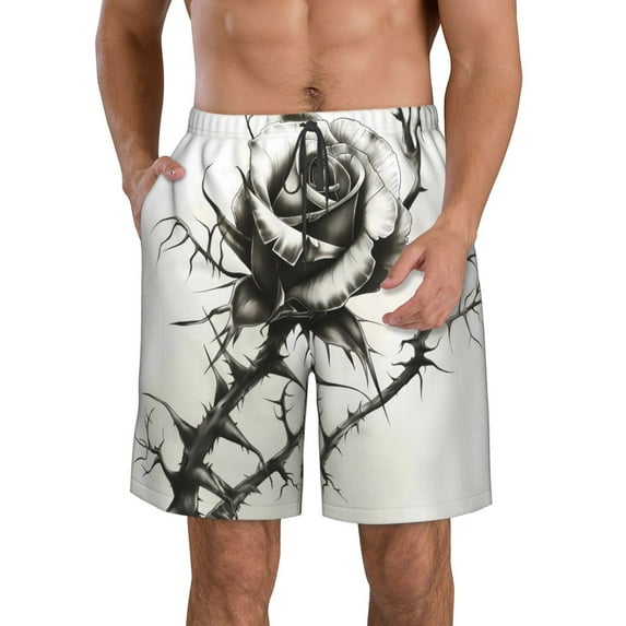Logiee Black And White Rose Print Mens Swim Trunks Quick Dry Board Shorts,Breathable Hawaii Beach Shorts Swimwear Bathing Suits-X-Large