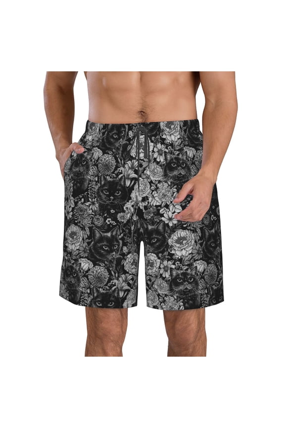 Black Cats In A Garden Print Mens Swim Trunks Quick Dry Board Shorts,Breathable Hawaii Beach Shorts Swimwear Bathing Suits-Small