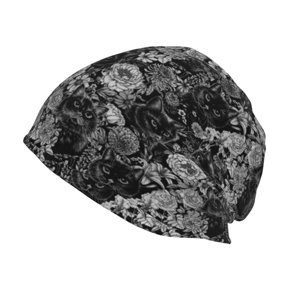 Logiee Black Cats In A Garden Print Unisex Knit Beanie for Men Women Winter Hat,Beanies Skull Caps