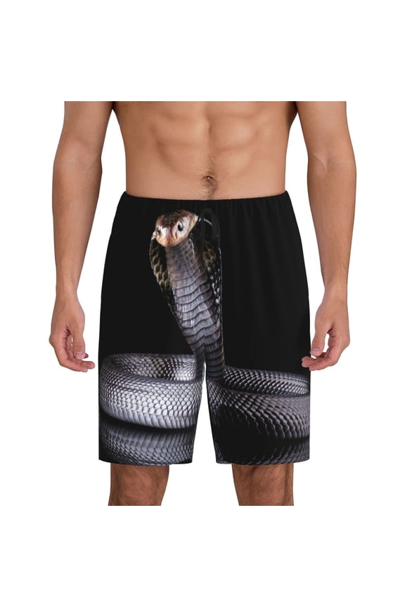Black Cobra Snake Print Men's Pajama Shorts with Drawstring & Pockets,Sleep Shorts for Men,Sleepwear Bottoms,Elastic Waistband Loungewear-XX-Large