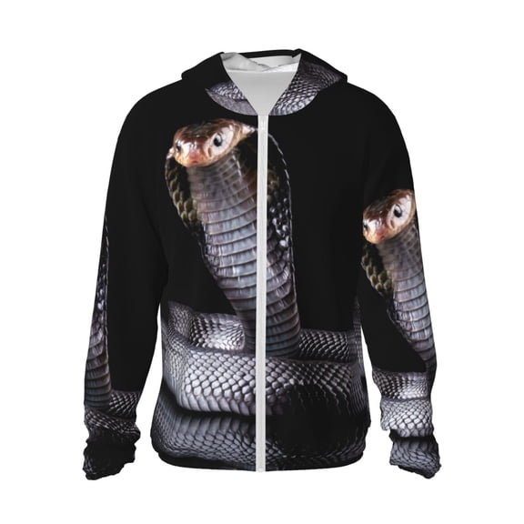 Logiee Black Cobra Snake Print Men's Women Light Jacket Full Zip Sun Protection Hoodie Long Sleeve Sun Shirts for Men Hiking Fishing Zip Pockets-Medium