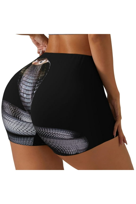 Black Cobra Snake Print Women's Biker Shorts,Workout Gym Shorts,Scrunch Shorts,Tummy Control Hidden Scrunch Running Yoga Shorts-