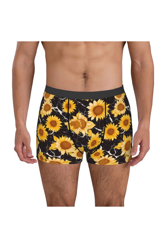 Black Marble Pattern Sunflower Print Mens Boxer Briefs,Boxer Briefs for Men,Breathable Stretch Underwear,Boys Boxer Briefs-Large