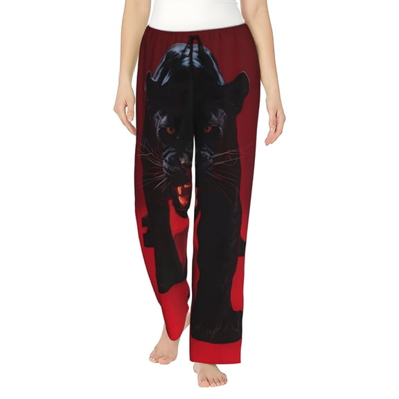 Logiee Black Panther Red Background Print Women Pajama Pants,Comfy Pj Bottom with Pockets & Drawstring,Stretch Casual Sleepwear-Small