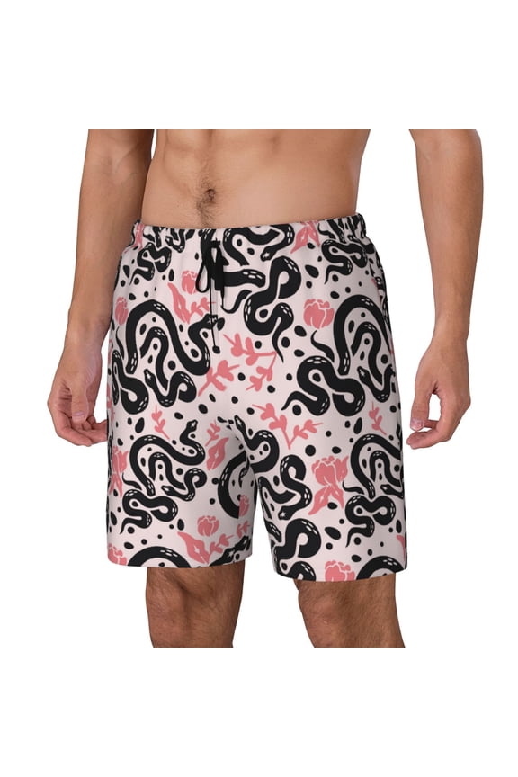 Black Snake Print Men's Swim Trunk,Quick Dry Board Shorts ,Men's Swim Trunks with Compression Liner, Bathing Suits with Pockets-Medium