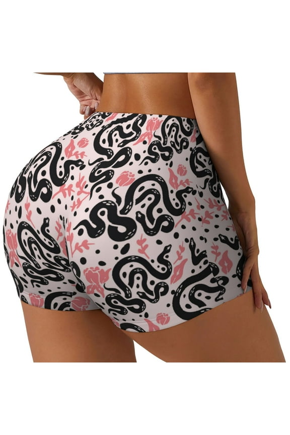 Black Snake Print Women's Biker Shorts,Workout Gym Shorts,Scrunch Shorts,Tummy Control Hidden Scrunch Running Yoga Shorts-XX-Large