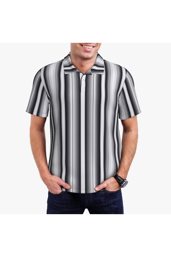 Black White Gray Mexican Blanket Serape Stripes Print Mens Polo Shirts,Mens Golf Polo Shirts,Short Sleeve Casual Polo Shirts for Men,Summer Fashion Beach Shirts-4X-Large