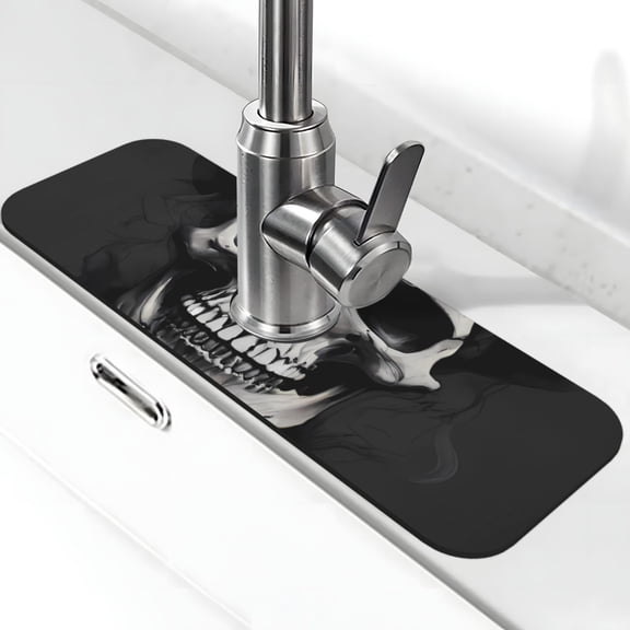 Logiee Black White Hat Skull Print Kitchen Sink Splash Guard Faucet Mat for Splash Guard Behind Faucet Drip Catcher for Kitchen,Bathroom,Sink Mat,Dish Drying Mat,Bathroom-15" X 5.5"
