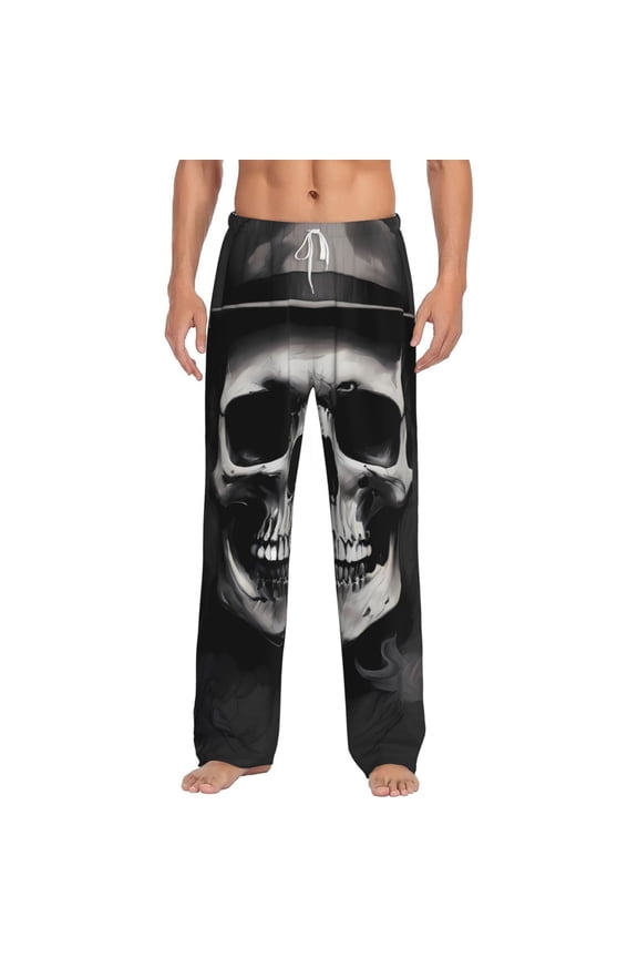 Black White Hat Skull Print Pajama Pants for Men,Men’s Pajama Bottoms,Mens PJ Pants with Pockets & Button Fly-3X-Large