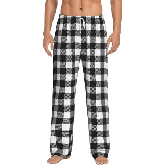 Logiee Black White Plaid Print Pajama Pants for Men,Men’s Pajama Bottoms,Mens PJ Pants with Pockets & Button Fly-Large