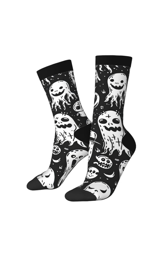 Black White Spooky Ghosts Print Adult Socks for Men & Women,Calf Socks, Ankle Socks,Boots Socks,Breathable Casual Sock,Unisex Crew Socks