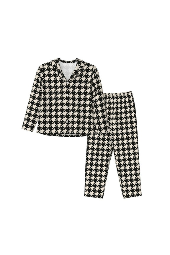 Black and white houndstooth Print Womens Pajamas Set,Long Sleeve Sleepwear,Button Down Lounge Set 2 Pieces,Soft Nightwear Pjs Set-X-Large