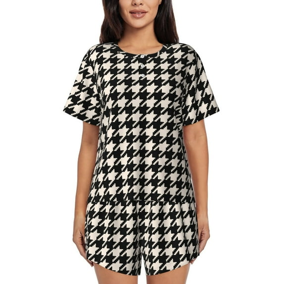 Logiee Black and white houndstooth Print Womens Pajamas Set,Short-Sleeve Pajama 2 Piece Sleepwear with Pockets-X-Large