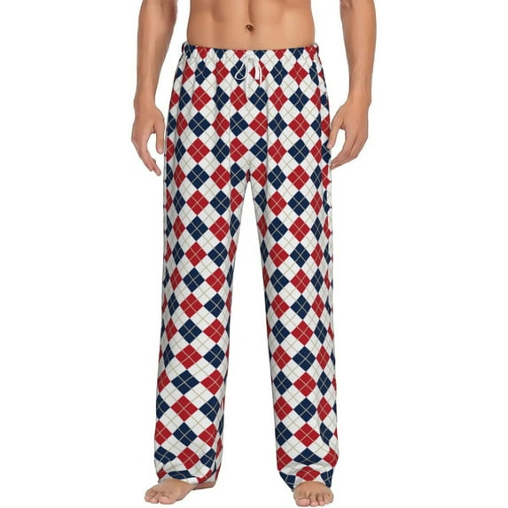 Logiee Blue And Red Diamond Print Pajama Pants for Men,Men’s Pajama Bottoms,Mens PJ Pants with Pockets & Button Fly-Medium