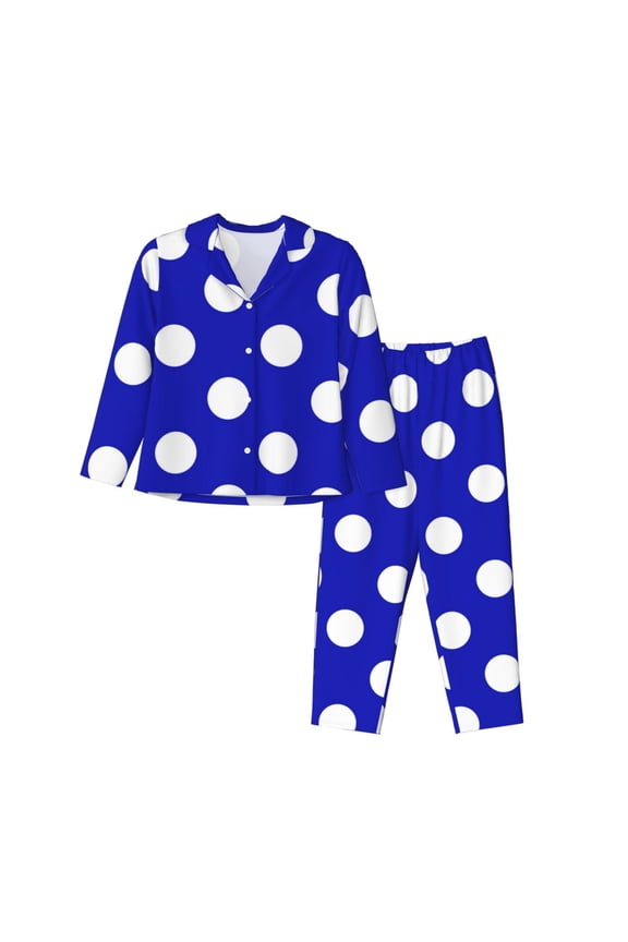 Blue And White Polka Dot Print Womens Pajamas Set,Long Sleeve Sleepwear,Button Down Lounge Set 2 Pieces,Soft Nightwear Pjs Set-Medium