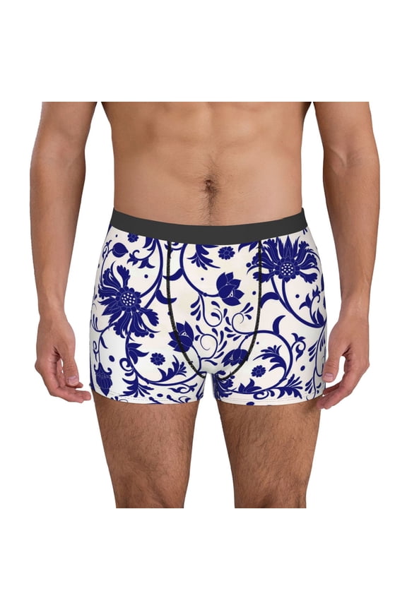 Blue And White Porcelain Pattern Print Mens Boxer Briefs,Boxer Briefs for Men,Breathable Stretch Underwear,Boys Boxer Briefs-Medium