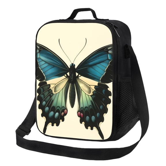 Logiee Blue Black Butterfly Art Print Insulated Lunch Bag for Women/Men, Reusable Lunch Box for Office Work School Picnic Beach,Leakproof Freezable Cooler Bag with Shoulder Strap
