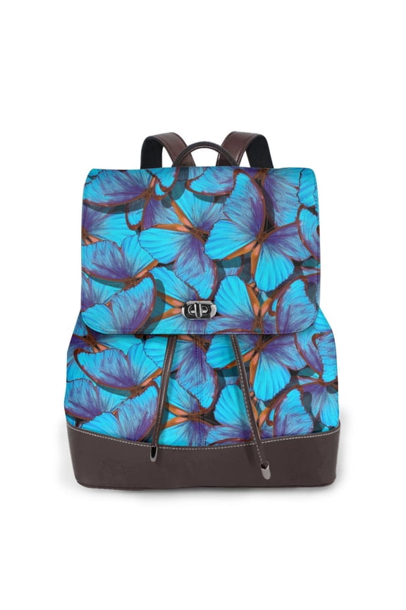 Fuzoiu Blue Butterflies Print Women's Leather Backpack,Backpack in Leather with Adjustable Strap,College Bookbag for School,Work Business Backpack