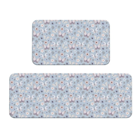 Logiee Blue Butterfly Print Kitchen Mats for Floor Sets of 2,Waterproof Kitchen Rugs,Non Slip Comfort Standing Mat Rug for Home,Runner,Sink,Office,Laundry