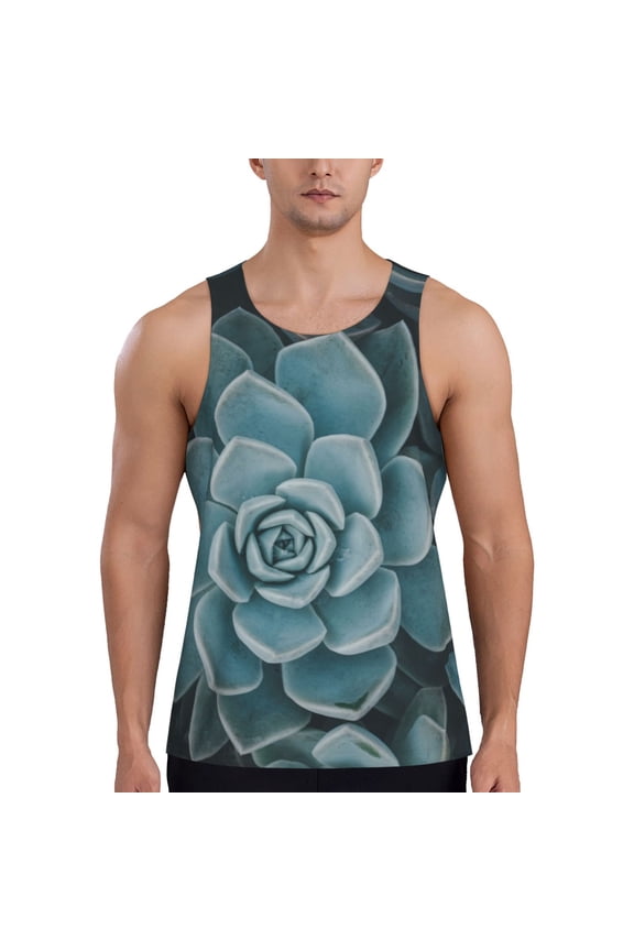 Blue Color Cactus Print Men's Workout Tank Top,Quick Dry Workout Tank Top,Gym Muscle Tee,Fitness Bodybuilding Sleeveless T Shirt-Large