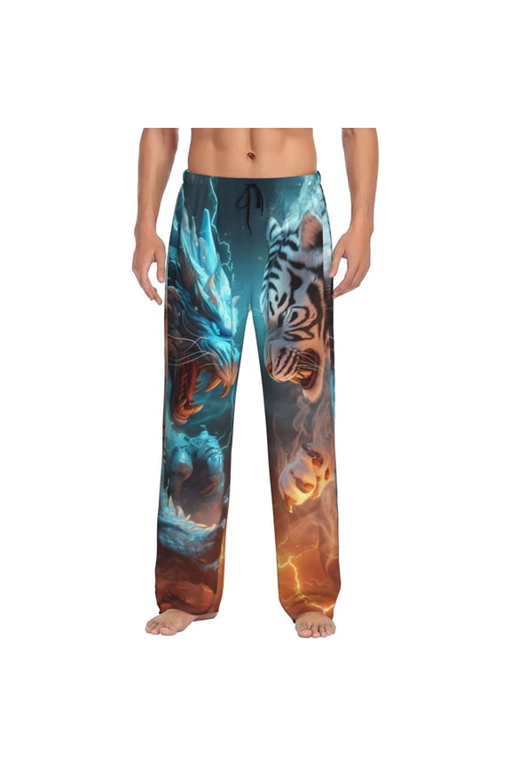 Blue Dragon And White Tiger Print Pajama Pants for Men,Men’s Pajama Bottoms,Mens PJ Pants with Pockets & Button Fly-Large