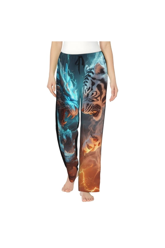 Blue Dragon And White Tiger Print Women Pajama Pants,Comfy Pj Bottom with Pockets & Drawstring,Stretch Casual Sleepwear-Small