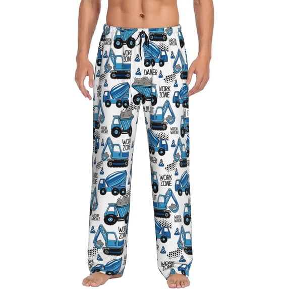 Logiee Blue Excavator Print Pajama Pants for Men,Men’s Pajama Bottoms,Mens PJ Pants with Pockets & Button Fly-Large