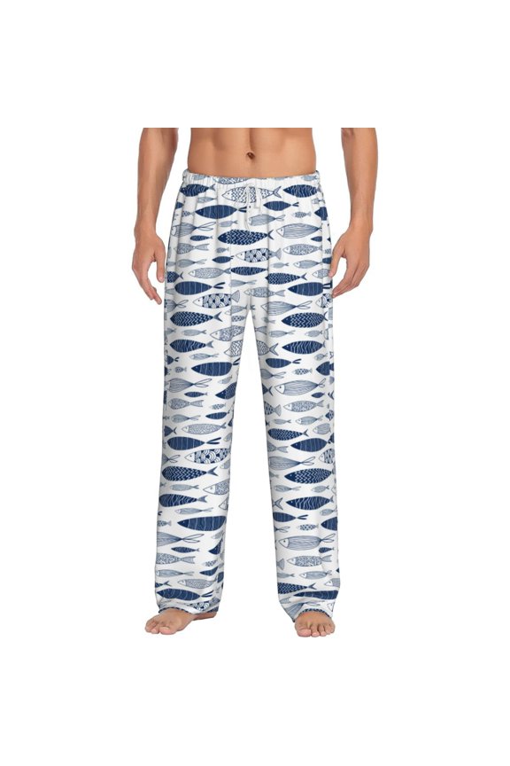 Blue Fish Print Pajama Pants for Men,Men’s Pajama Bottoms,Mens PJ Pants with Pockets & Button Fly-3X-Large