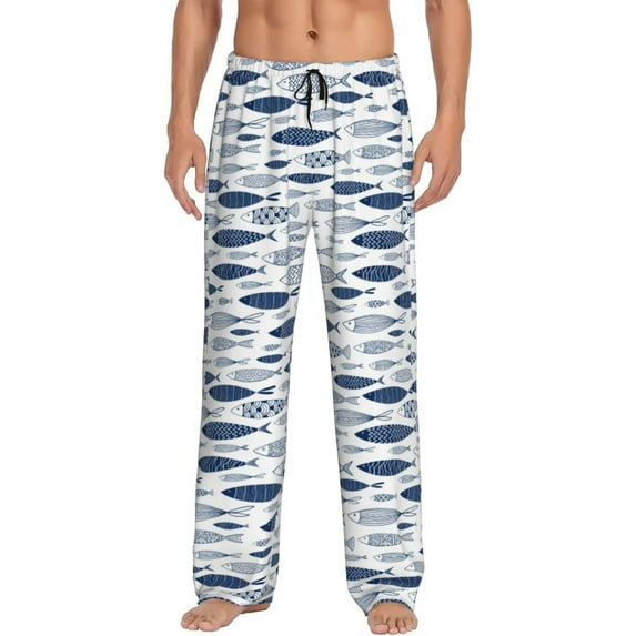 Logiee Blue Fish Print Pajama Pants for Men,Men’s Pajama Bottoms,Mens PJ Pants with Pockets & Button Fly-XX-Large