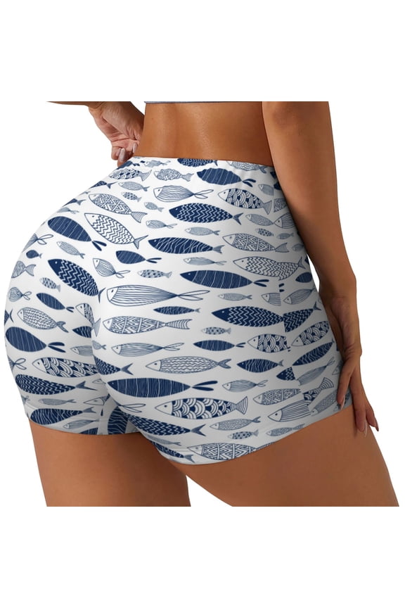 Blue Fish Print Women's Biker Shorts,Workout Gym Shorts,Scrunch Shorts,Tummy Control Hidden Scrunch Running Yoga Shorts-Large