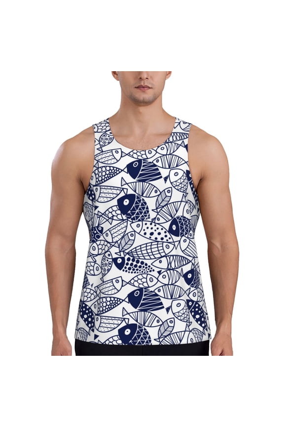 Blue Fish1 Print Men's Workout Tank Top,Quick Dry Workout Tank Top,Gym Muscle Tee,Fitness Bodybuilding Sleeveless T Shirt-3X-Large