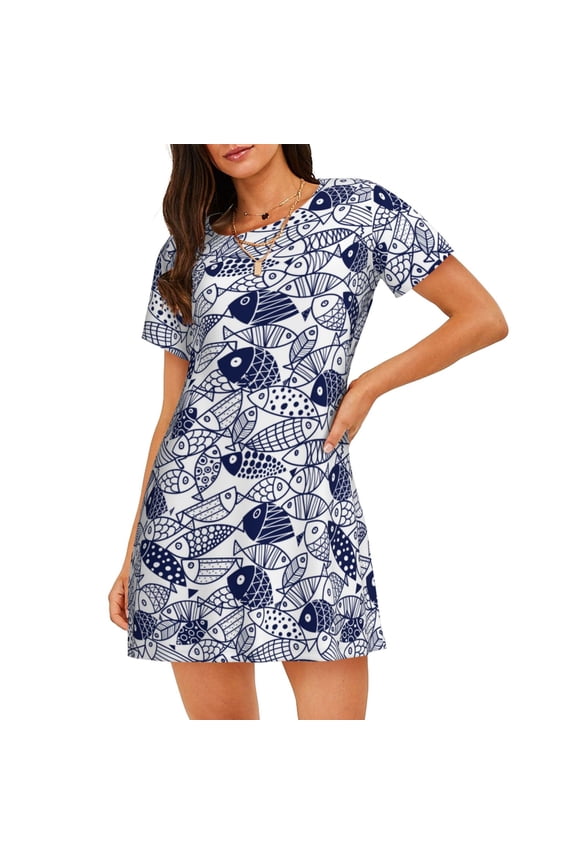 Blue Fish1 Print Nightgowns for Women,Soft Short-Sleeved Lightweight Sleepwear, Loose Sleepshirts