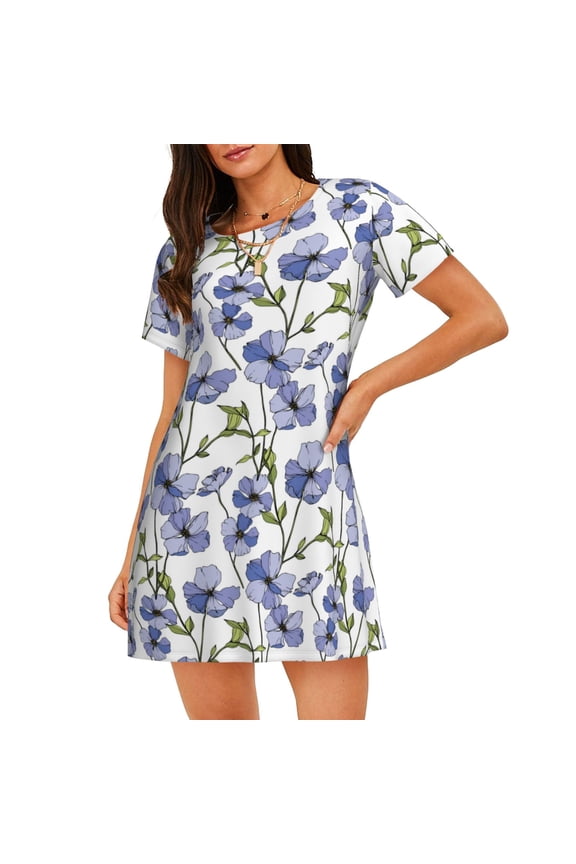 Blue Flax Flowers Print Nightgowns for Women,Soft Short-Sleeved Lightweight Sleepwear, Loose Sleepshirts