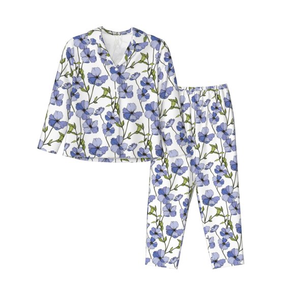 Logiee Blue Flax Flowers Print Womens Pajamas Set,Long Sleeve Sleepwear,Button Down Lounge Set 2 Pieces,Soft Nightwear Pjs Set-X-Large