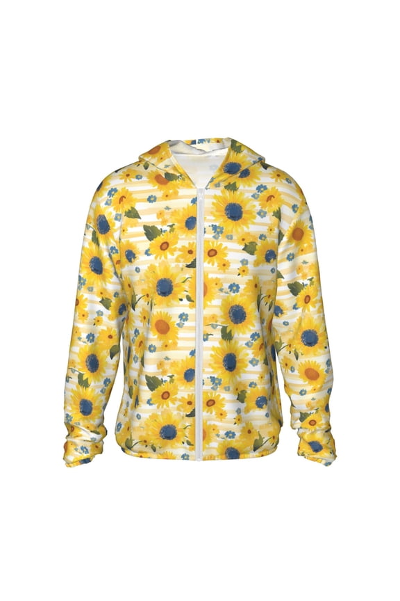 Blue Floral Sunflower Print Men's Women Light Jacket Full Zip Sun Protection Hoodie Long Sleeve Sun Shirts for Men Hiking Fishing Zip Pockets-3X-Large