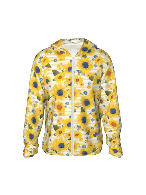 Blue Floral Sunflower Print Men's Women Light Jacket Full Zip Sun Protection Hoodie Long Sleeve Sun Shirts for Men Hiking Fishing Zip Pockets-3X-Large