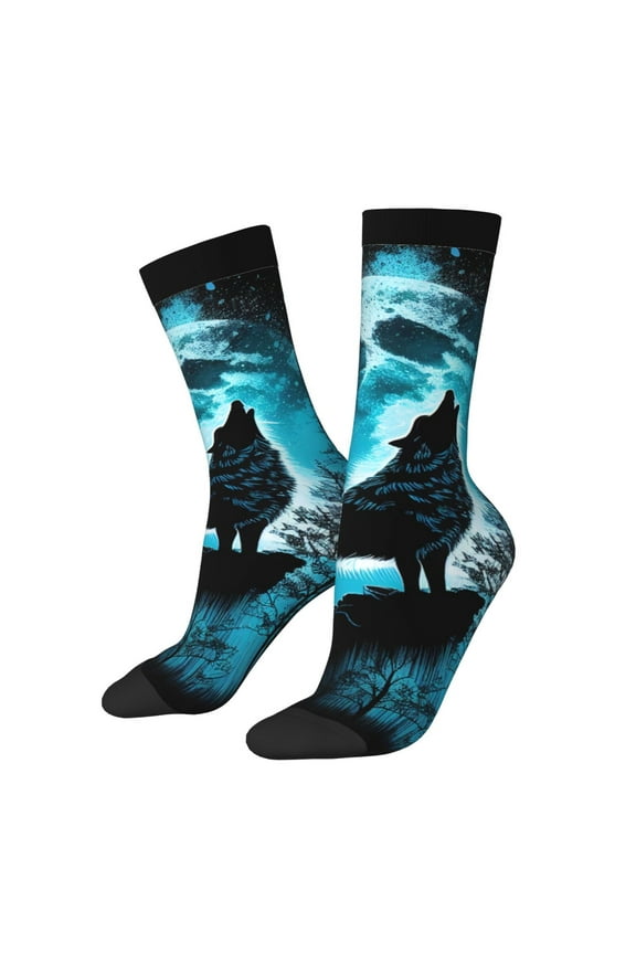 Blue Full Moon Wolf Print Adult Socks for Men & Women,Calf Socks, Ankle Socks,Boots Socks,Breathable Casual Sock,Unisex Crew Socks