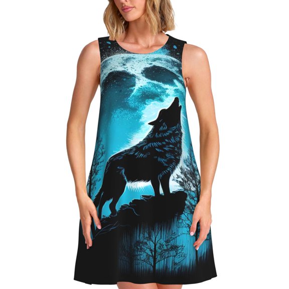 Logiee Blue Full Moon Wolf Print Summer Dresses for Women,Beach Sleeveless Flowy Pocket Tshirt Tank Sundresses,Women's Sleeveless Dress