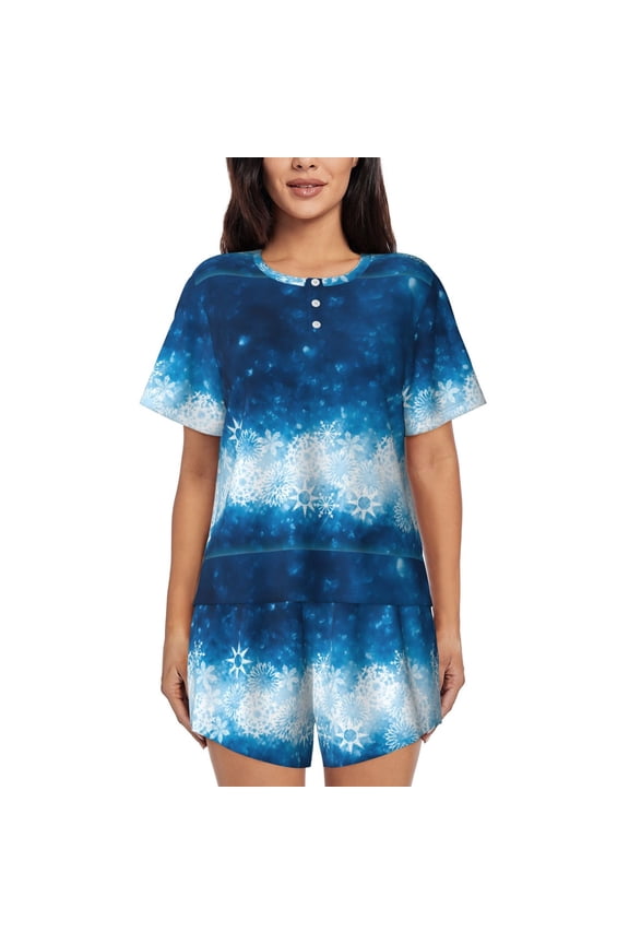 Blue Glitter Sparkles Print Womens Pajamas Set,Short-Sleeve Pajama 2 Piece Sleepwear with Pockets-Medium