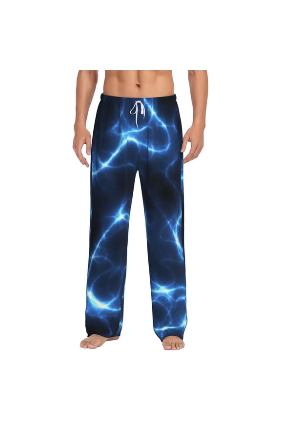 Blue Lightning Print Pajama Pants for Men,Men’s Pajama Bottoms,Mens PJ Pants with Pockets & Button Fly-Large