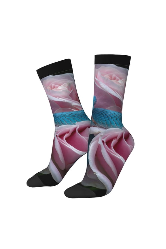 Blue Lipped Pit Viper And Three Pink Roses Print Adult Socks for Men & Women,Calf Socks, Ankle Socks,Boots Socks,Breathable Casual Sock,Unisex Crew Socks
