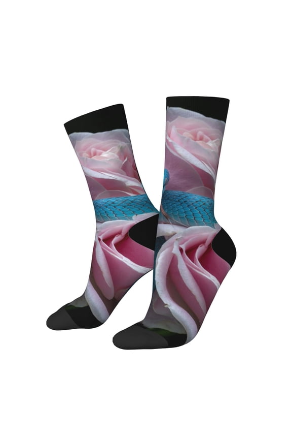 Blue Lipped Pit Viper And Three Pink Roses Print Adult Socks for Men & Women,Calf Socks, Ankle Socks,Boots Socks,Breathable Casual Sock,Unisex Crew Socks