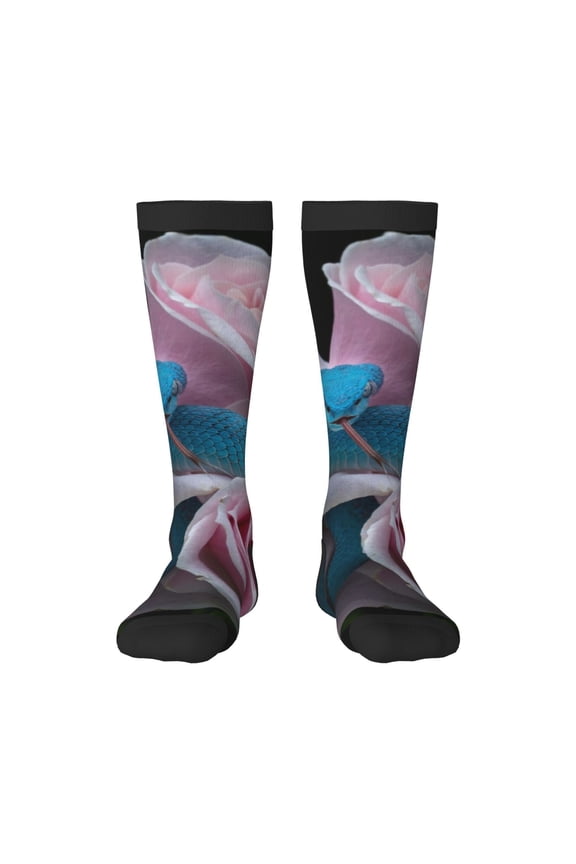 Blue Lipped Pit Viper And Three Pink Roses Print Gift Stocking Stuffers,Adult Stockings,Novelty Socks,Funny Socks Birthday Running Walking Sleeping