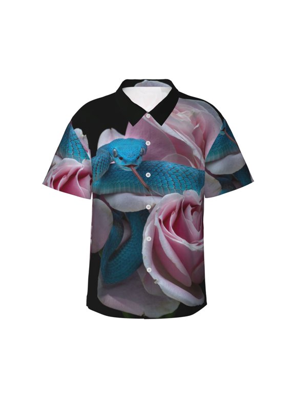 Blue Lipped Pit Viper And Three Pink Roses Print Mens Hawaiian Shirts,Loose-Fit Short Sleeve Button Down Tropical Aloha Beach Shirt,Summer Vacation Wedding Tops,Small