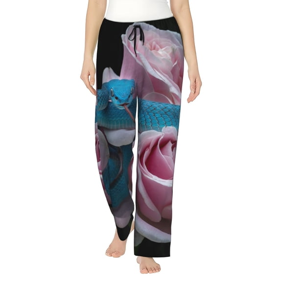 Logiee Blue Lipped Pit Viper And Three Pink Roses Print Women Pajama Pants,Comfy Pj Bottom with Pockets & Drawstring,Stretch Casual Sleepwear-Medium